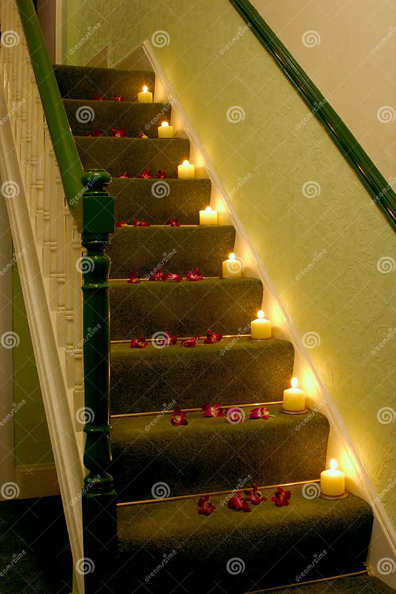 Candles on the stairs stock image. Image of hallway, green 4674841
