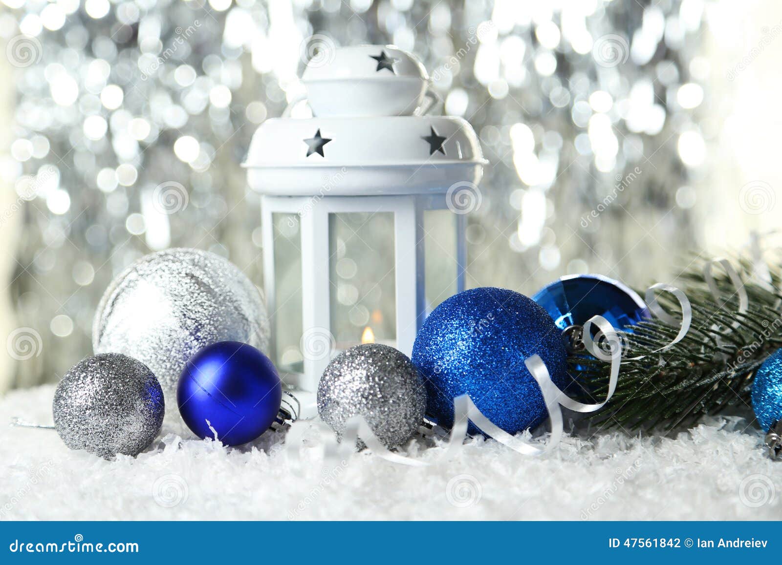 Candlestick with Christmas Ball on Lights Background, Close Up Stock