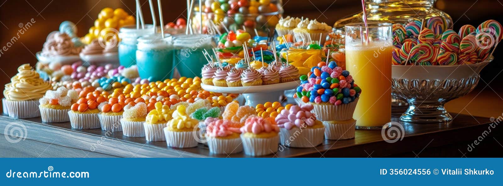 A Candy Buffet Table Displays an Array of Colorful Sweets, Delightful  Cupcakes, and Refreshing Drinks, All Arranged Stock Photo - Image of table,  children: 356024556, image size:1600x592