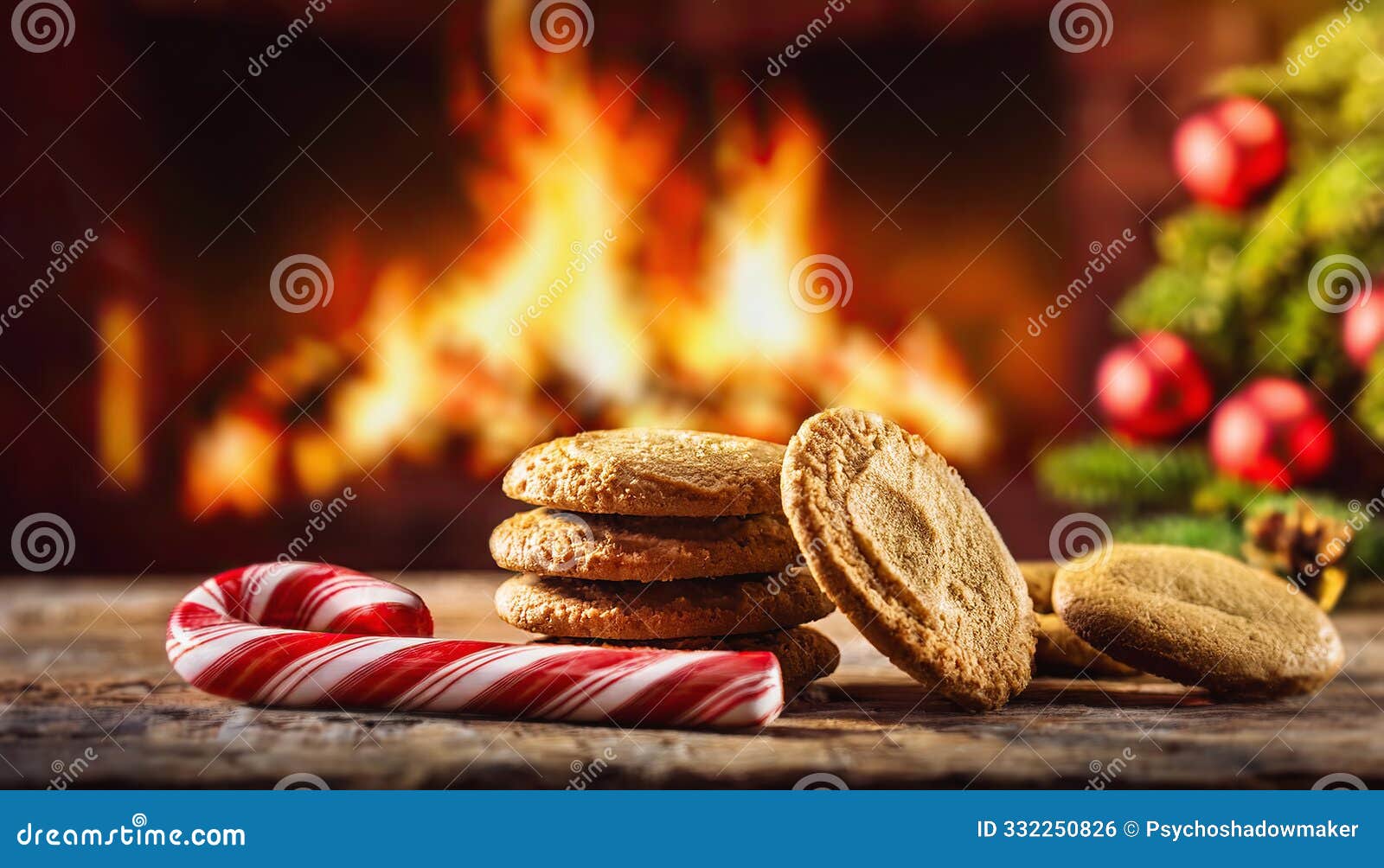candy cane and biscuits on the table next to fireplace and christmas tree. winter holidays relaxing atmosphere, wonderful