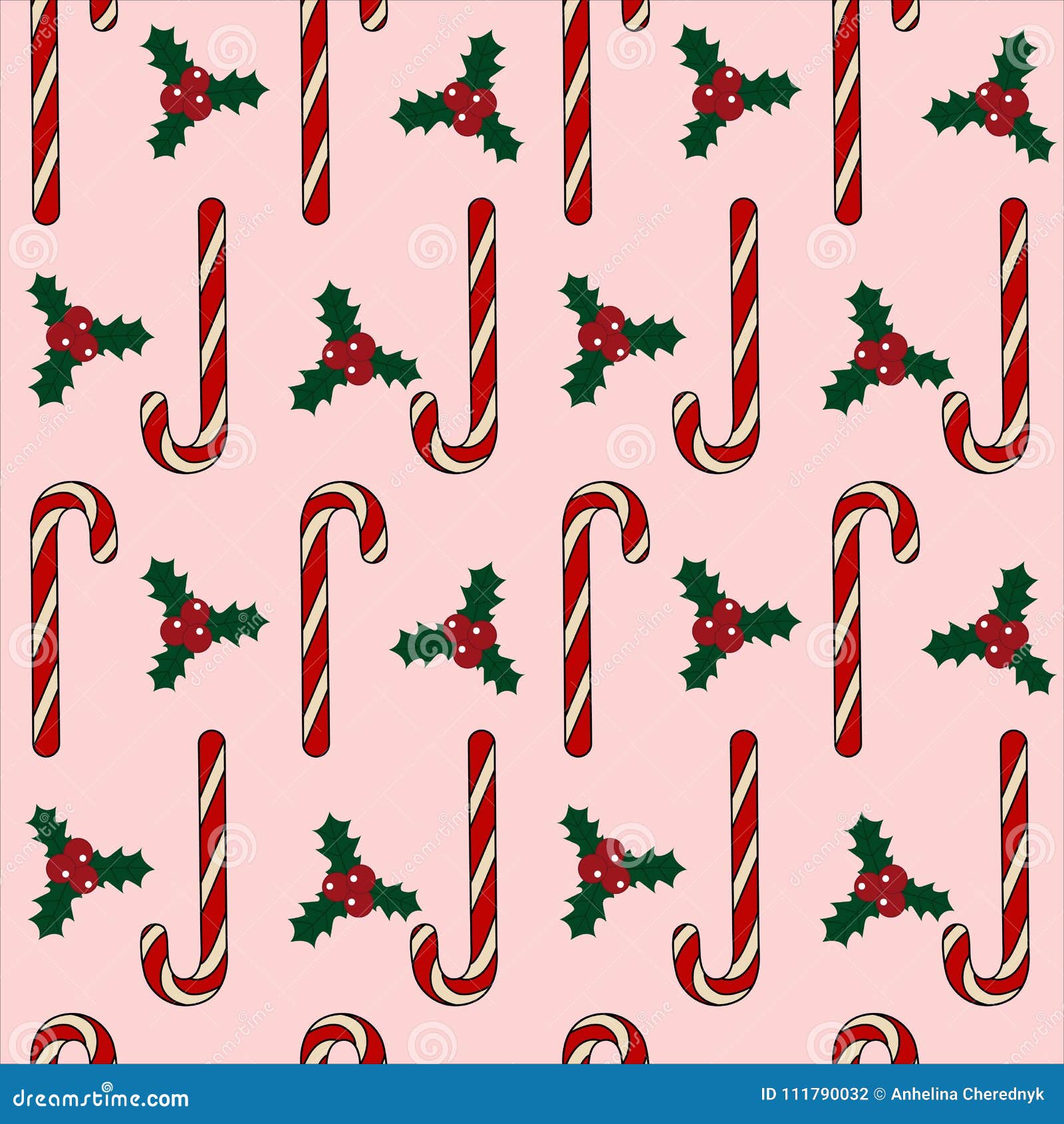 Candy Cane on a Pink Background Christmas Holly Berry Leaves Merry ...