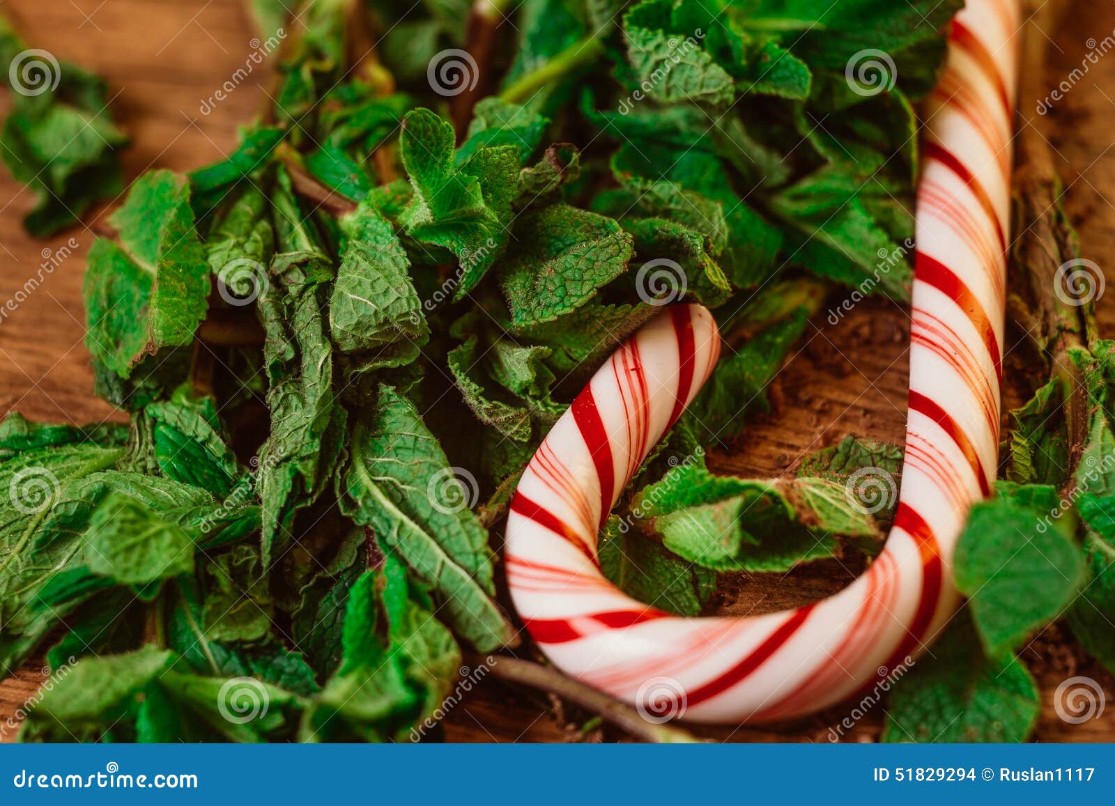 Candy Canes with Mint Leaves on a Wooden Background Stock Photo Image