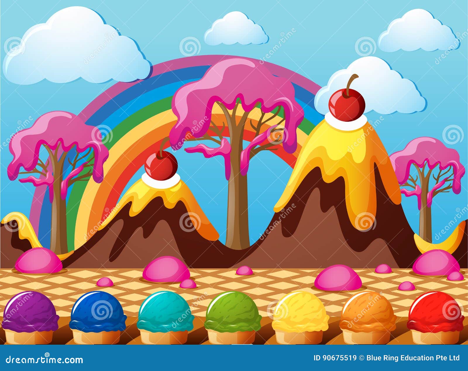 Candy Land with Chocolate Mountains and Icecream Field Stock Vector