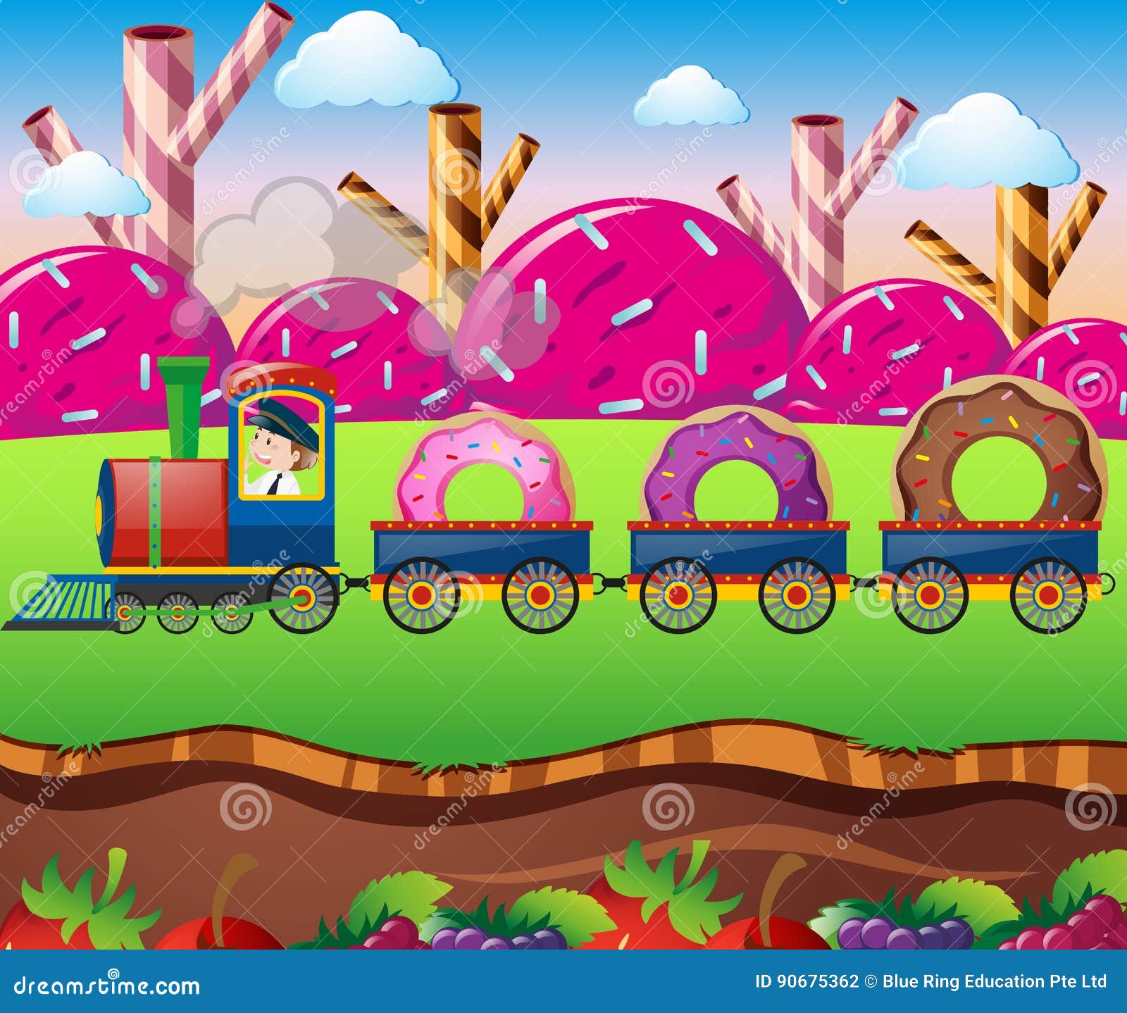 Candy Land with Train Ride with Donuts Stock Vector Illustration of park, cream 90675362