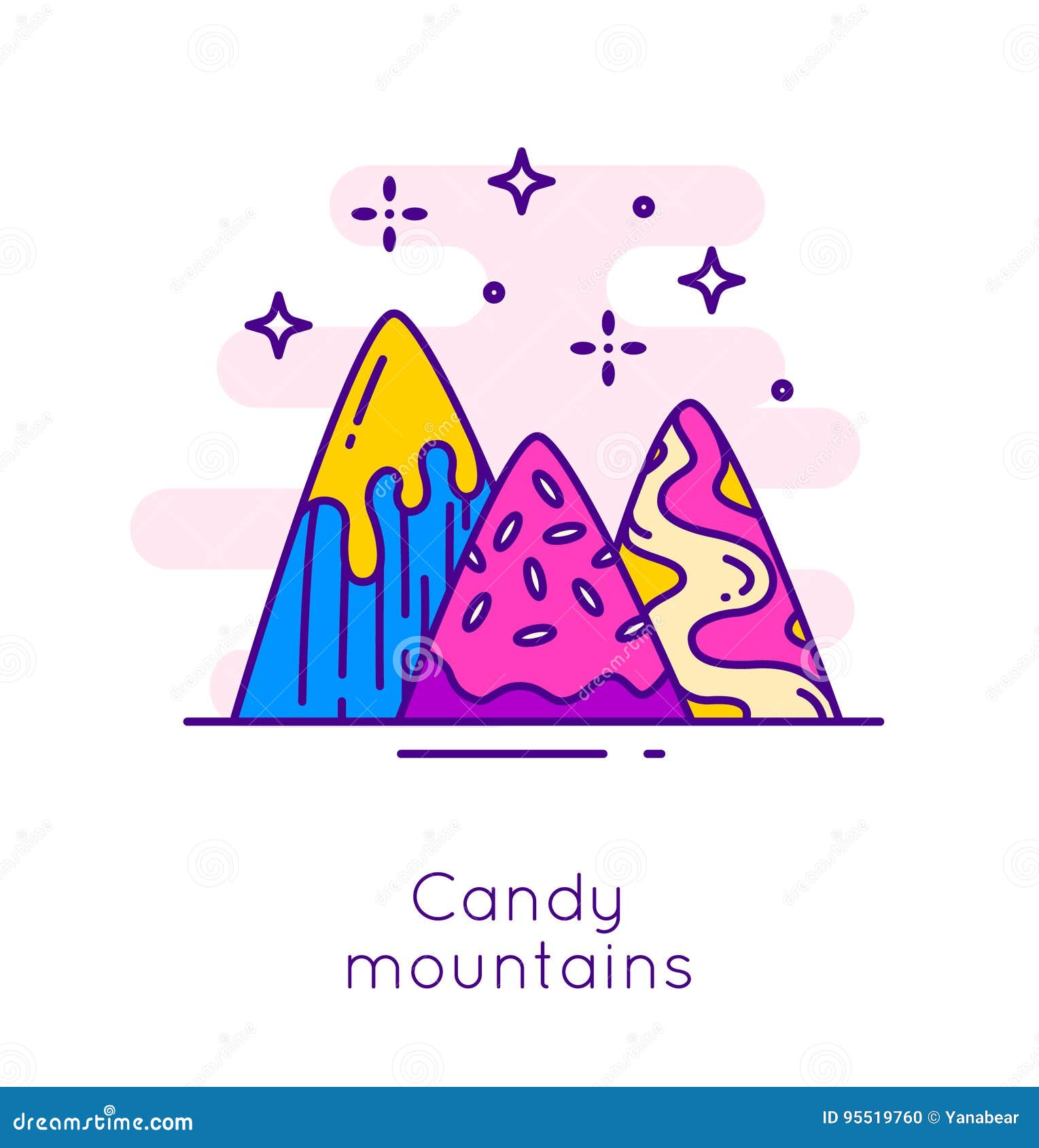 Candy Mountains and Stars in Thin Line Flat Design. Sweet Dessert