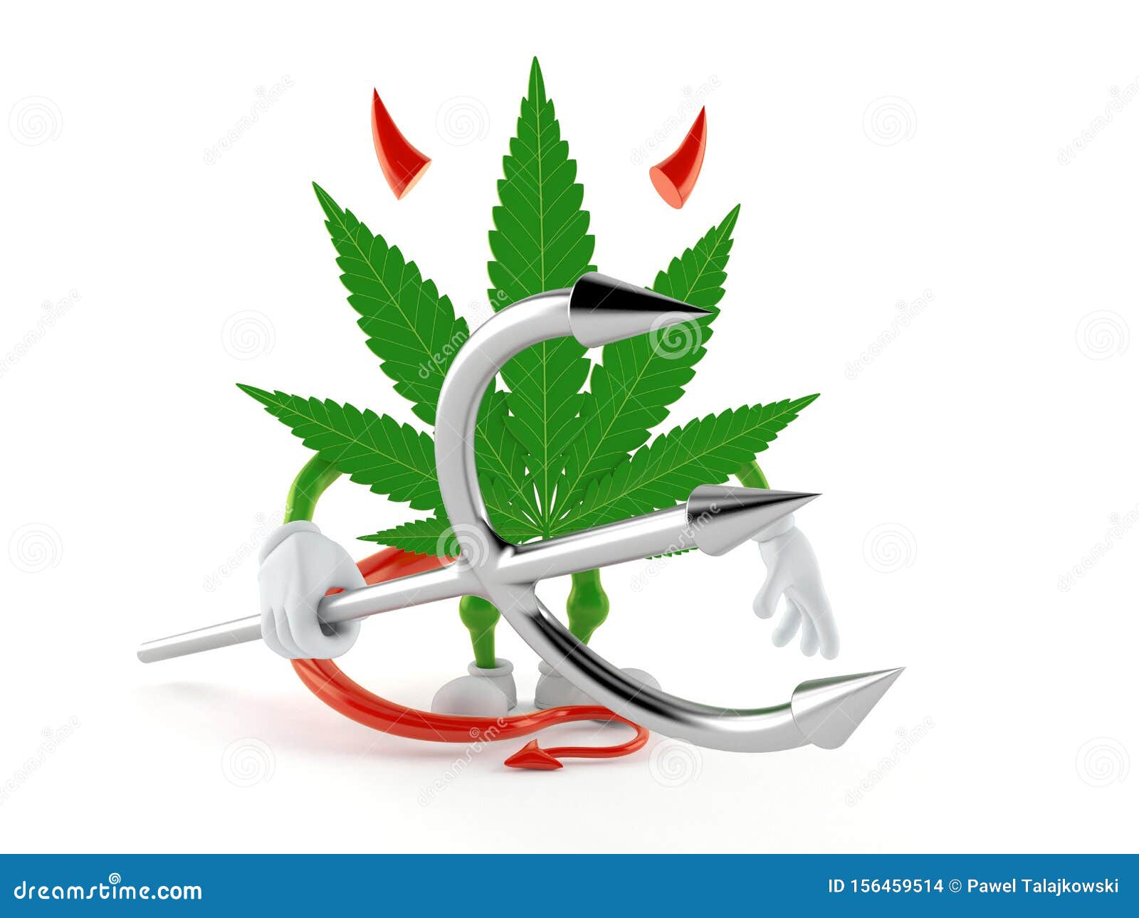 Cannabis Character with Devil Horns and Pitchfork Stock Illustration Illustration of toon