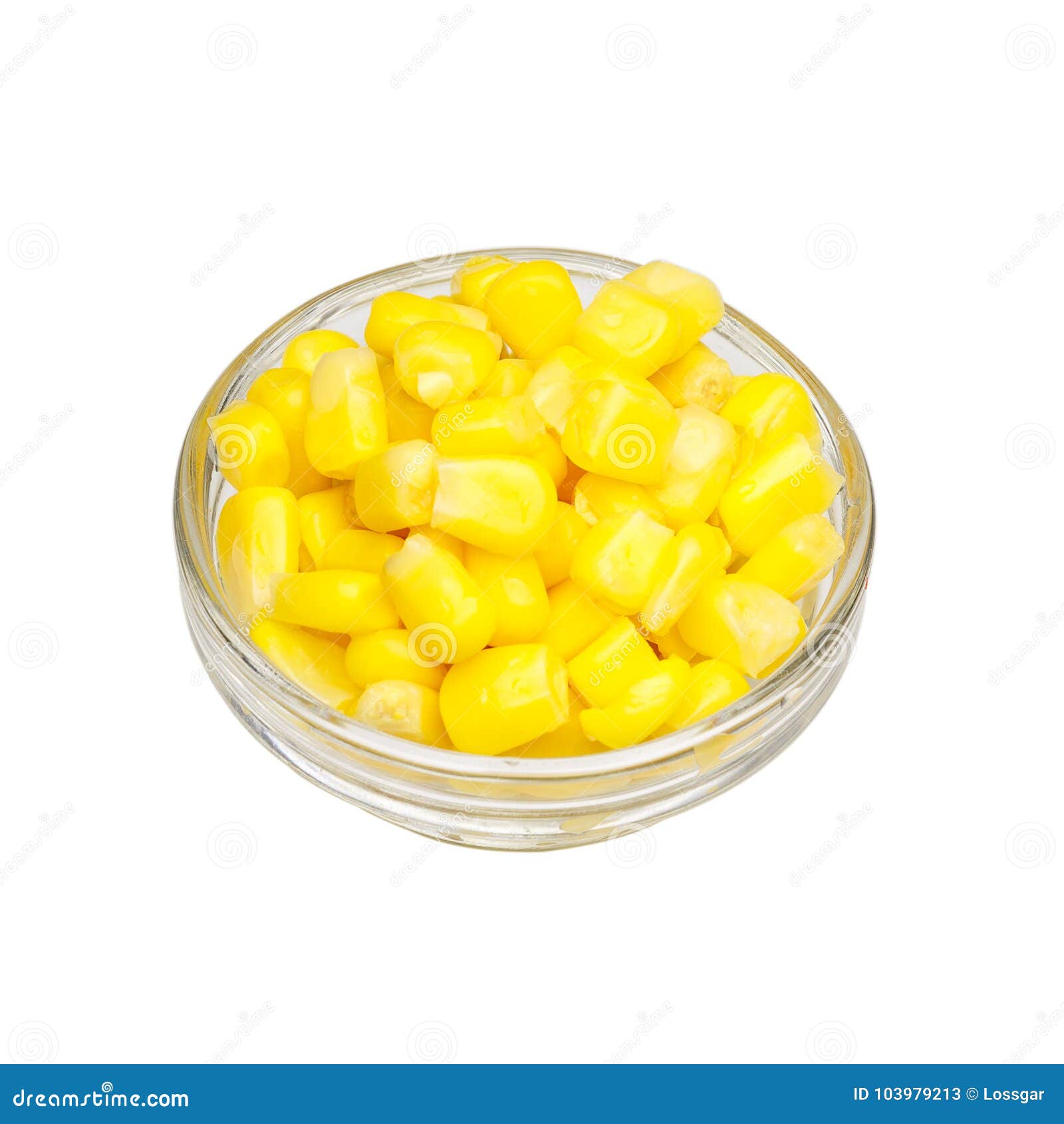 Canned corn in glass bowl. Isolated on white background.