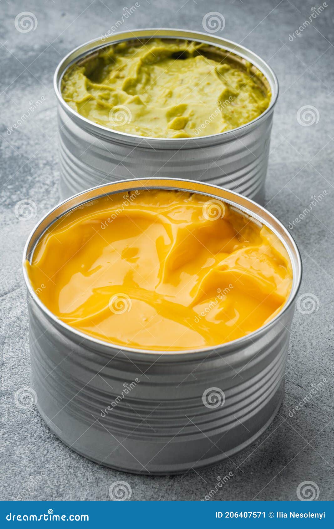 Canned Guacamole and Cheese Dip, on Gray Background Stock Image Image