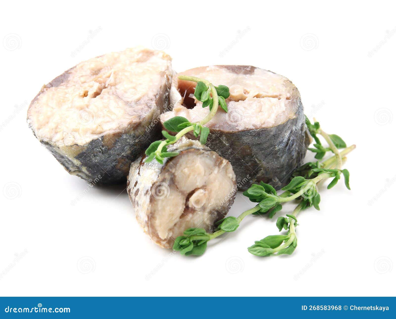 Canned Mackerel Chunks with Thyme on White Background Stock Photo Image of fish, lunch 268583968