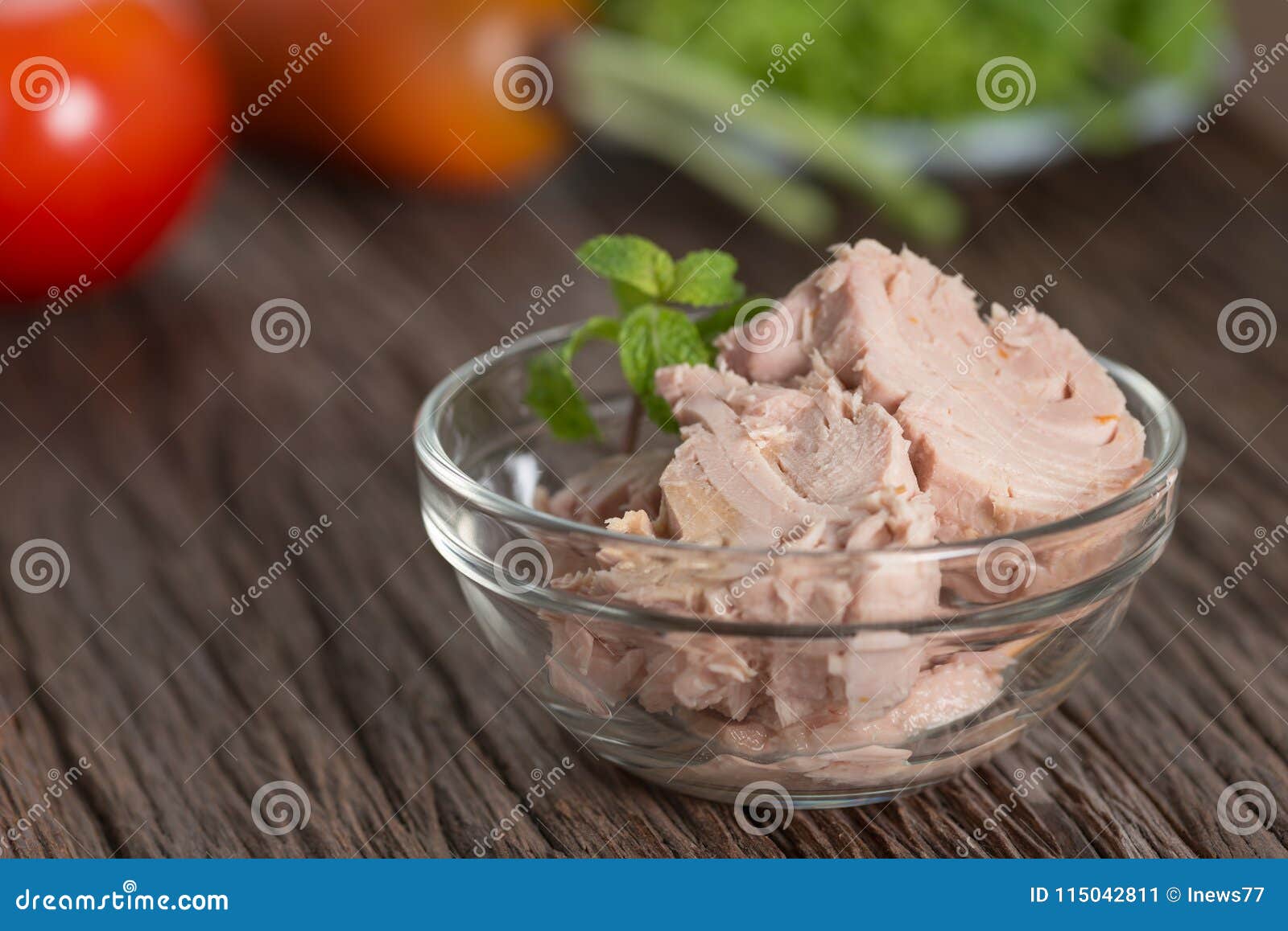 Canned tuna in glass bowl. stock image. Image of focus 115042811