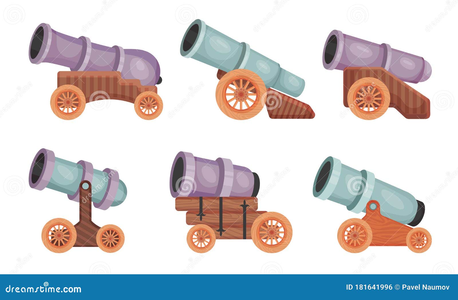 Cannon with Wooden Wheeled Gun Carriages Vector Set Stock Vector ...