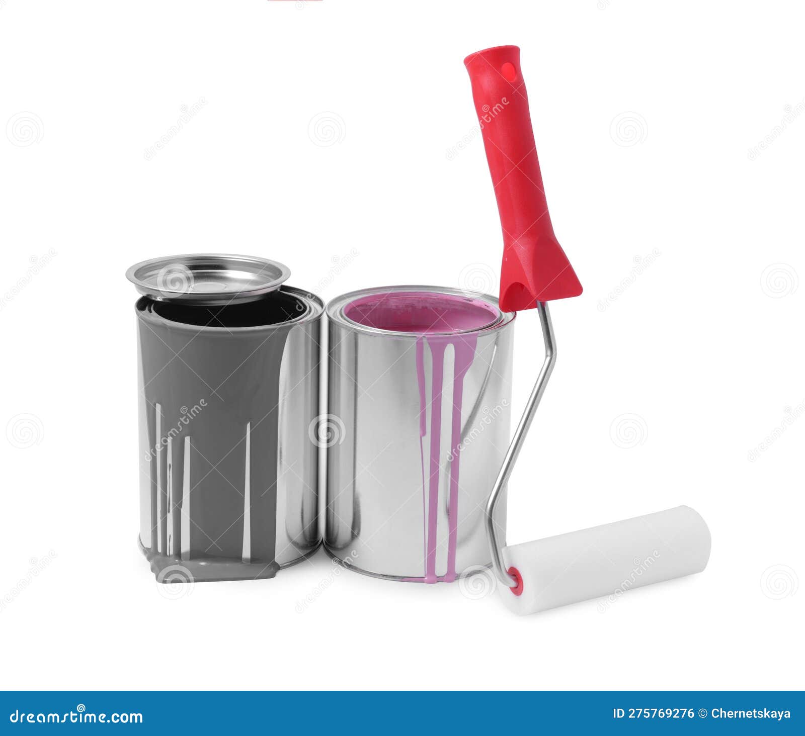 Cans of Grey and Pink Paints and Roller Isolated on White Stock Photo