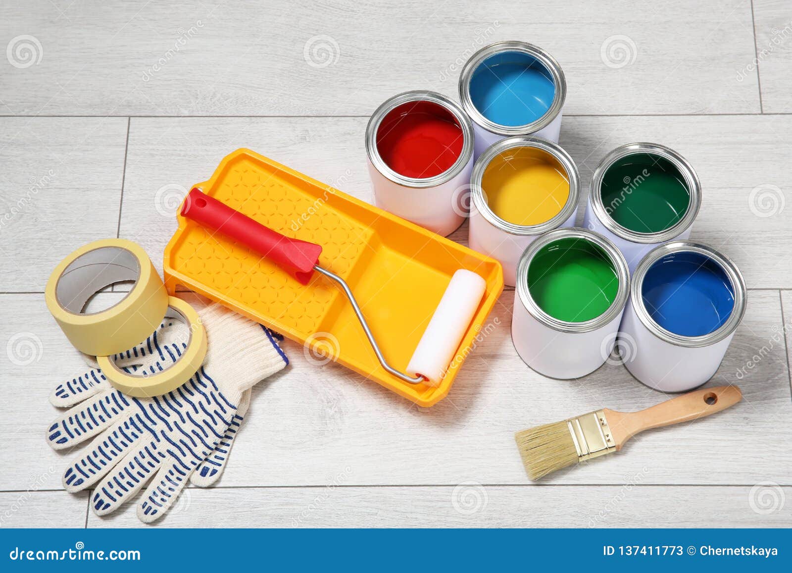 Cans of Paint and Decorator Tools Stock Image - Image of paintbrush ...