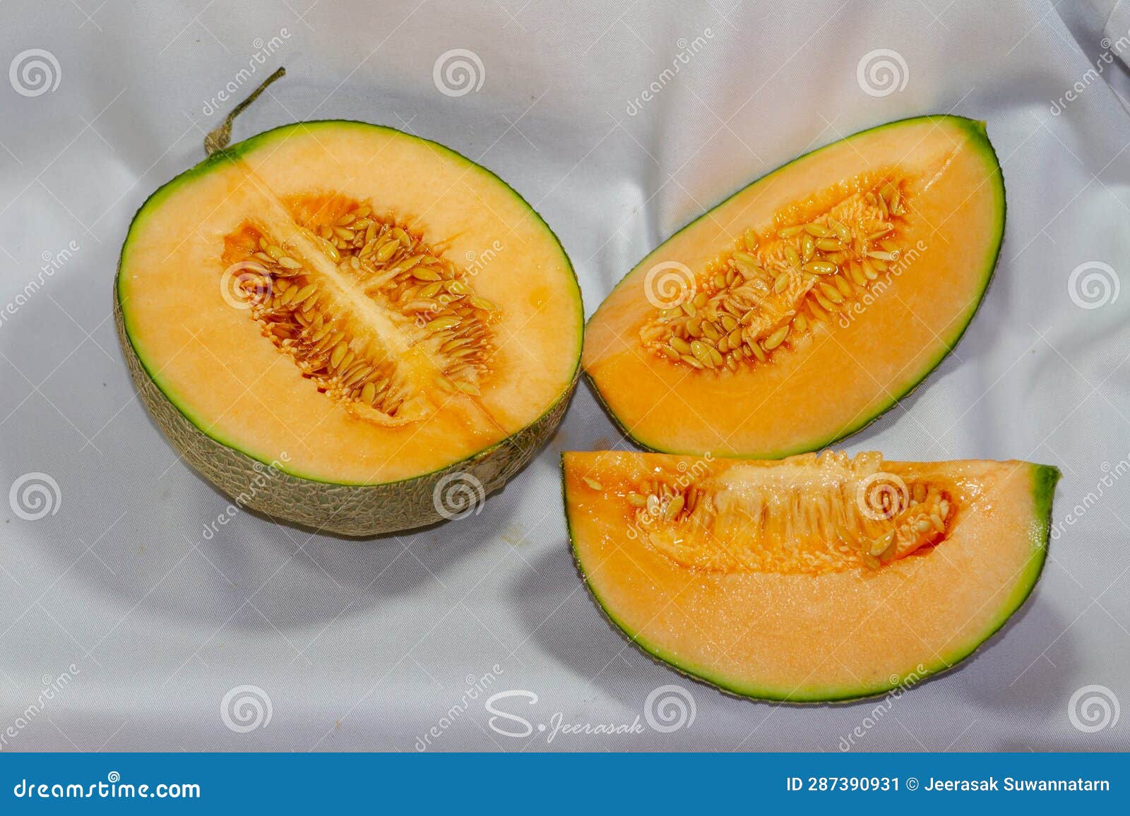 Cantaloupe Sliced and Placed on White Cloth Stock Image Image of