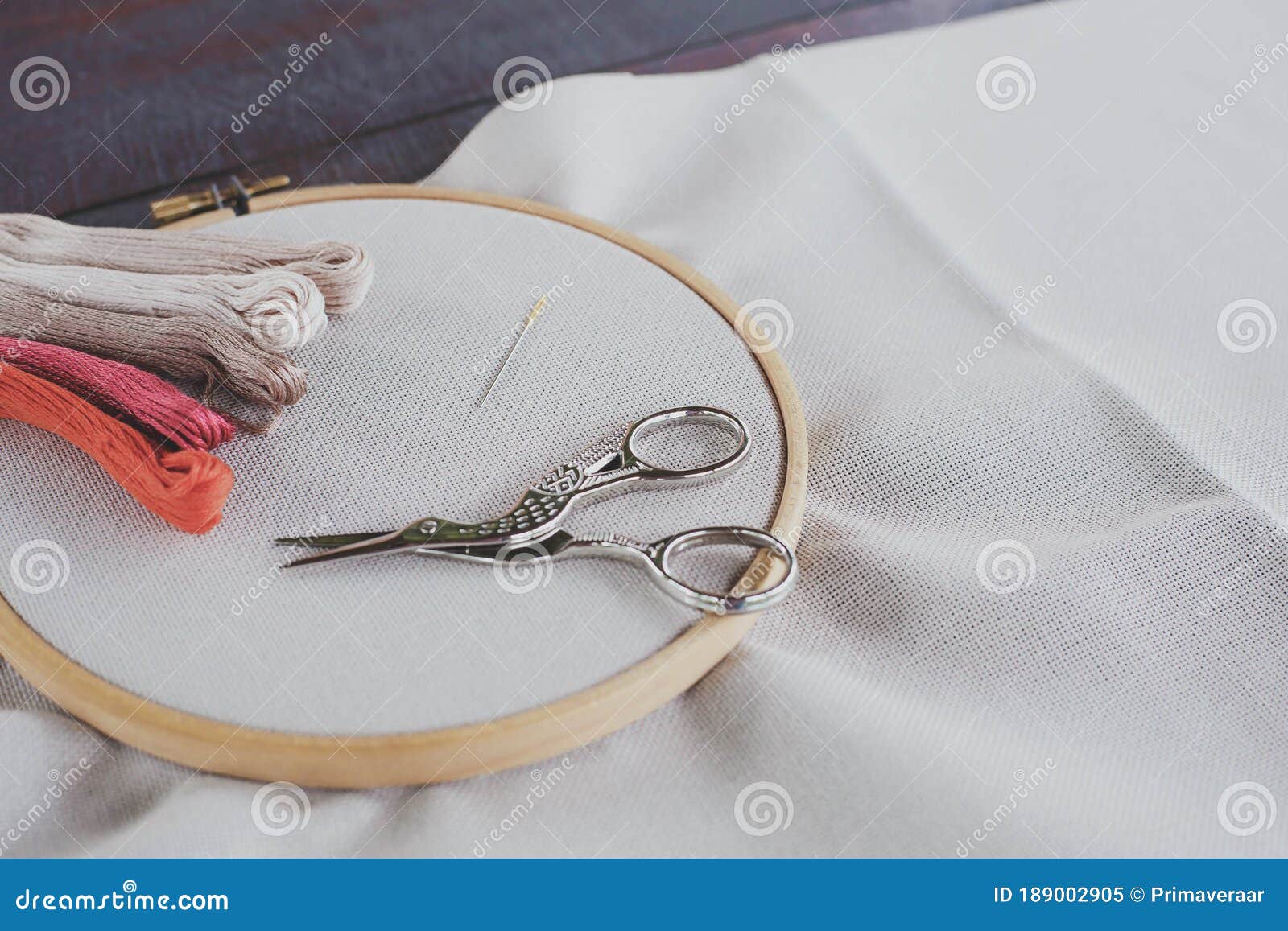 Embroidery Hoop Fabric Sewing Needles Thread Top View Stock Photo by  ©belchonock 180880562