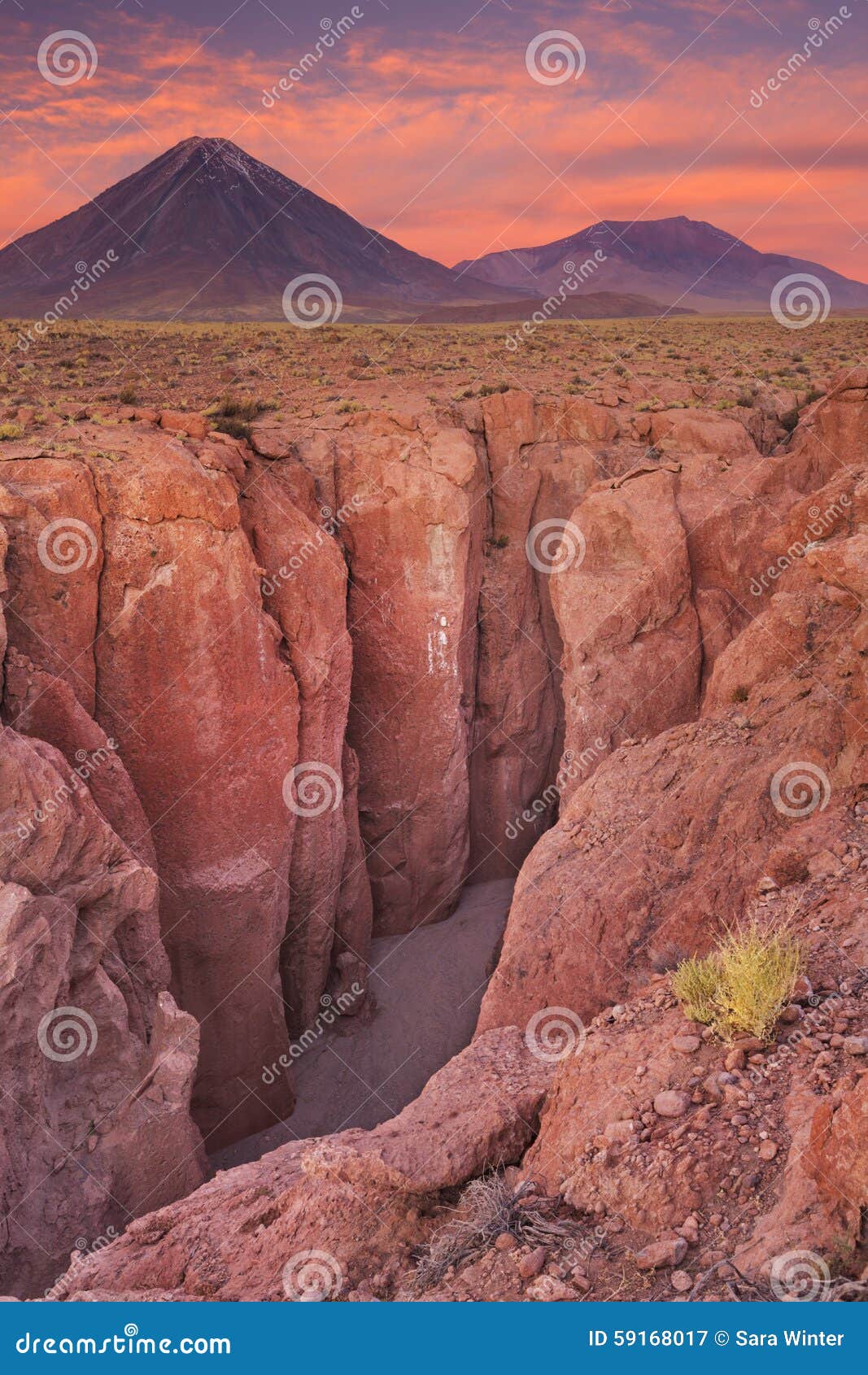 canyon and volcan licancabur, atacama desert, chile