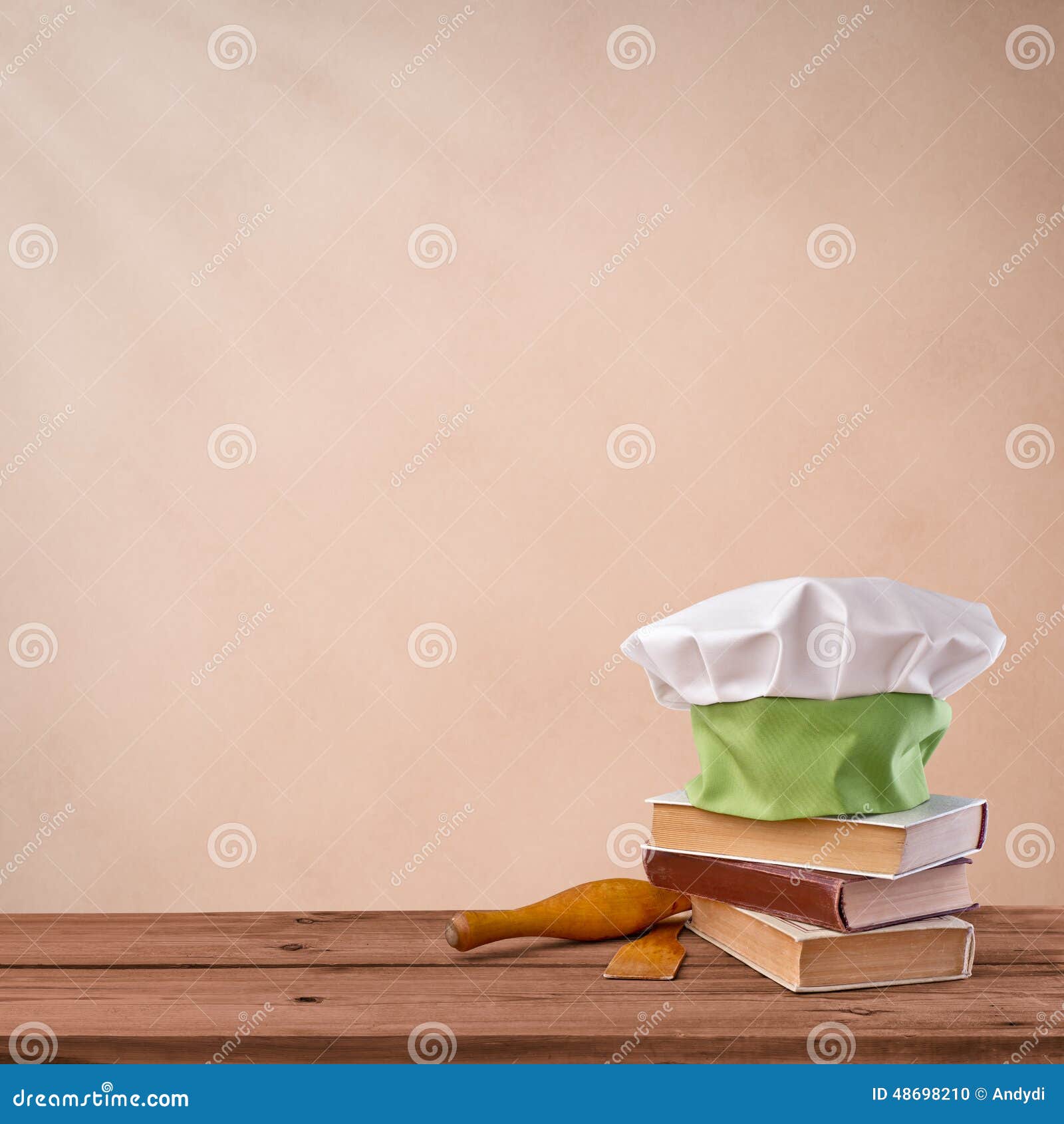 Cap Chef, Cookbook And Kitchenware On Beige Vintage Background Stock