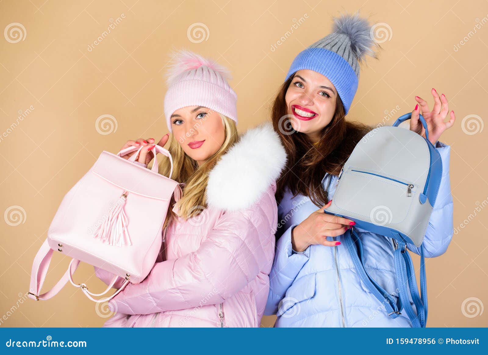 Capacious Bag. Girls in Beanie with Leather Bag. Women in Padded Warm ...