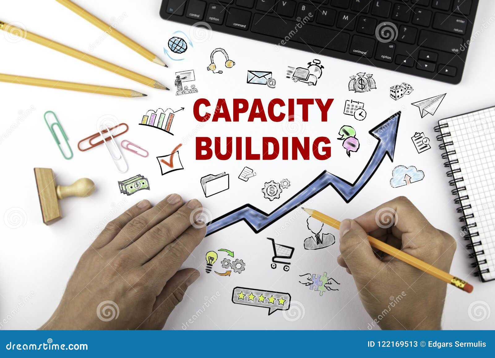 Capacity Building Concept. Blue Arrow and Icons Around Stock Image