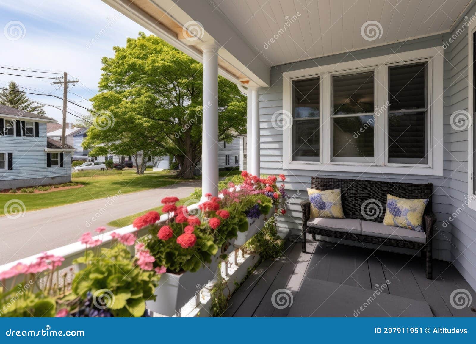 Cape Cod House Porch with Window Flower Boxes Stock Image Image of