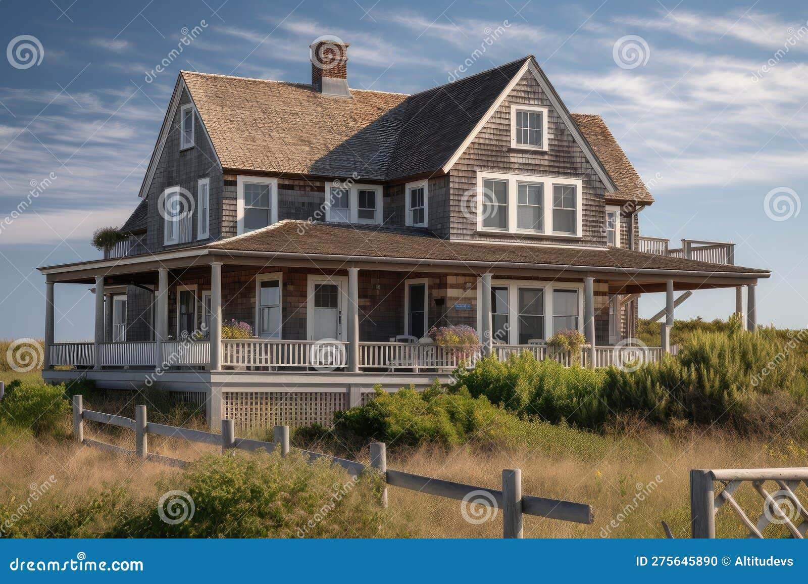 Cape Cod House with Wraparound Porch, Overlooking the Beach Stock