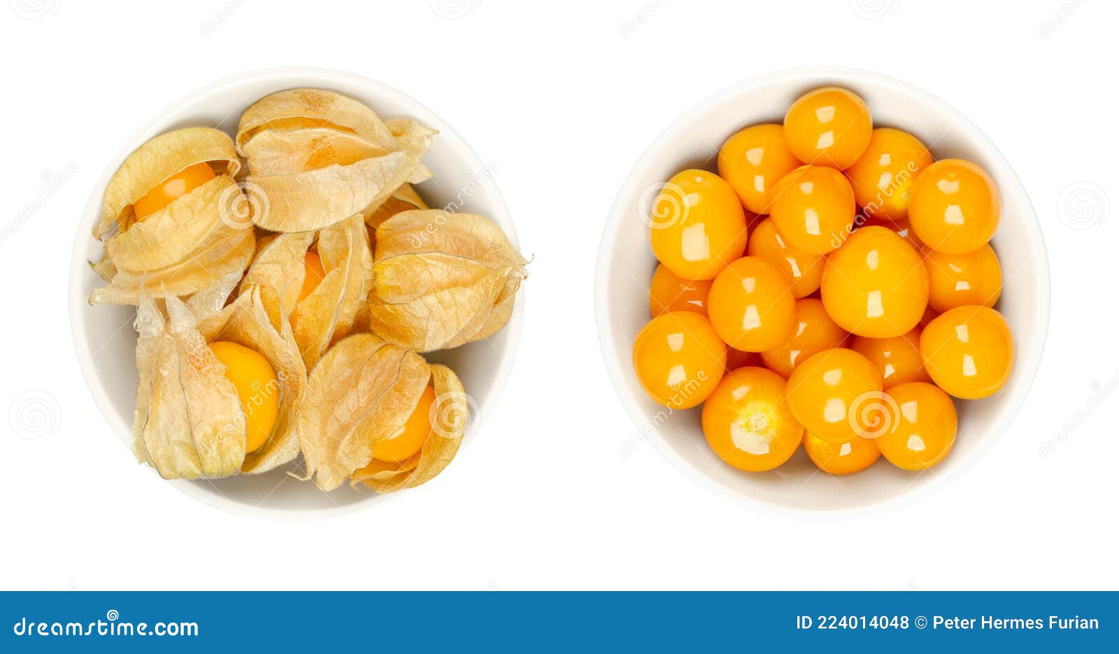 cape gooseberries, with and without calyx, in white bowls