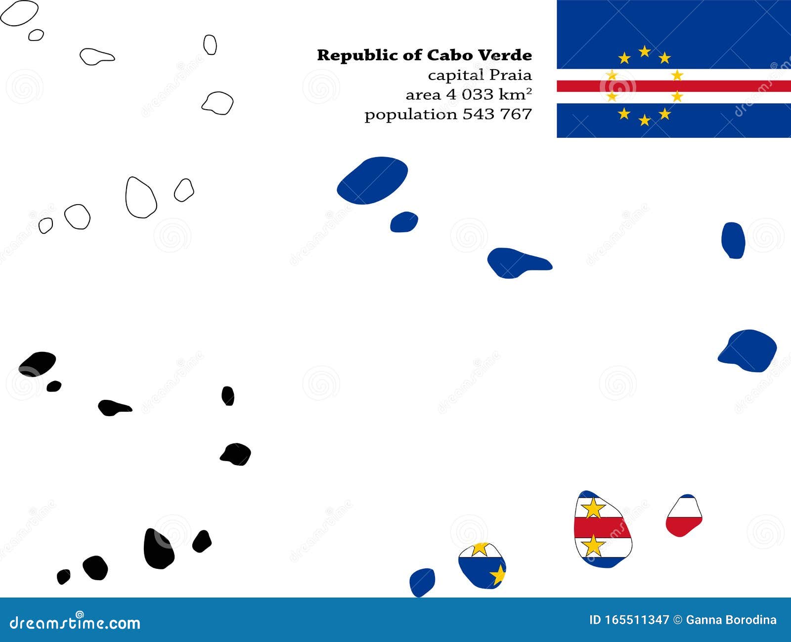Cape Verde, Cabo Verde Vector Map, Flag, Borders, Mask , Capital, Area
