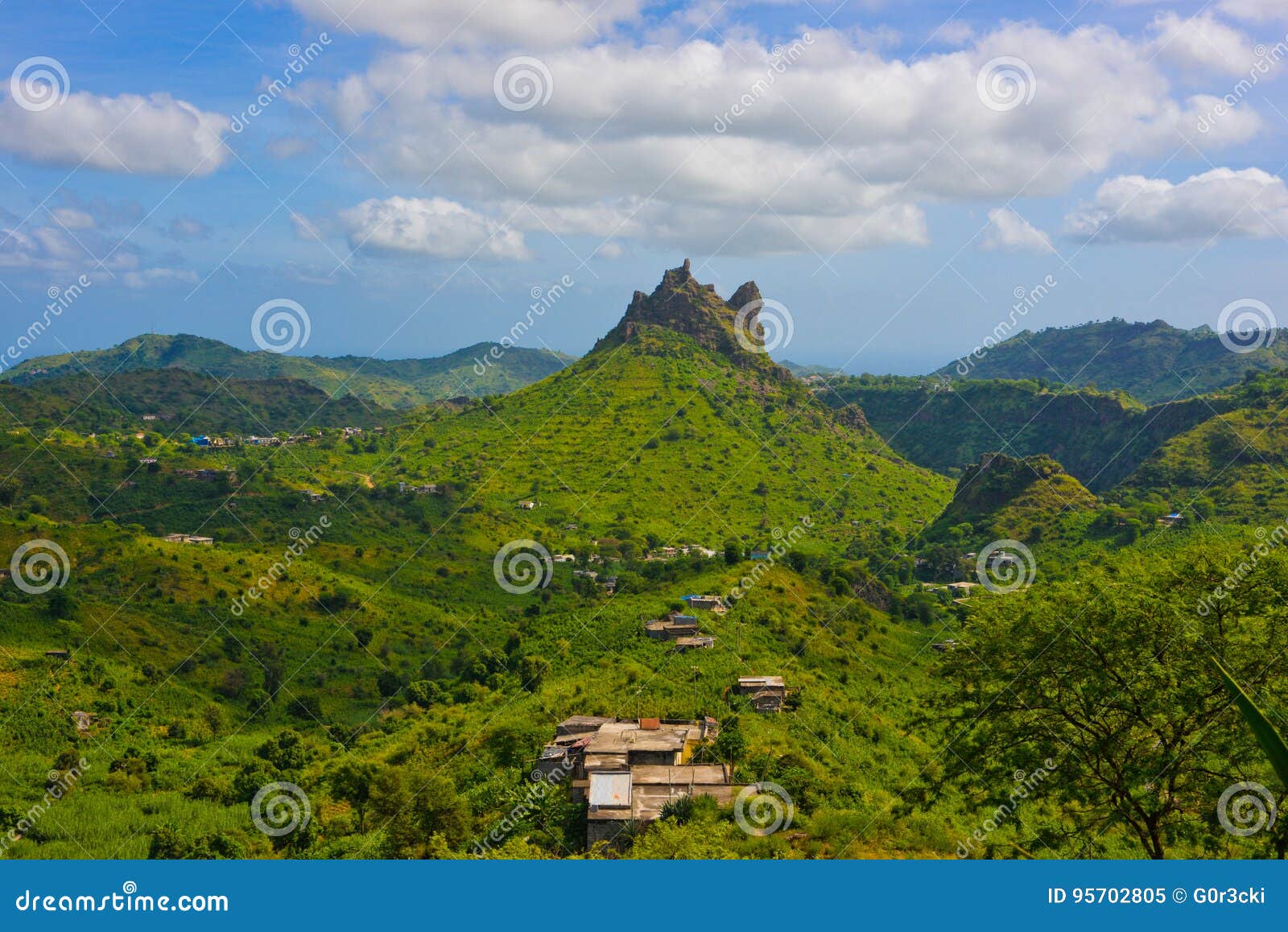 cape verde volcanic and fertile landscape, rural houses, santiago island