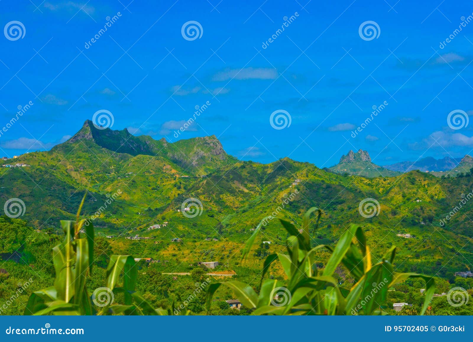 cape verde volcanic landscape, corn plant, green fertile mountains slopes