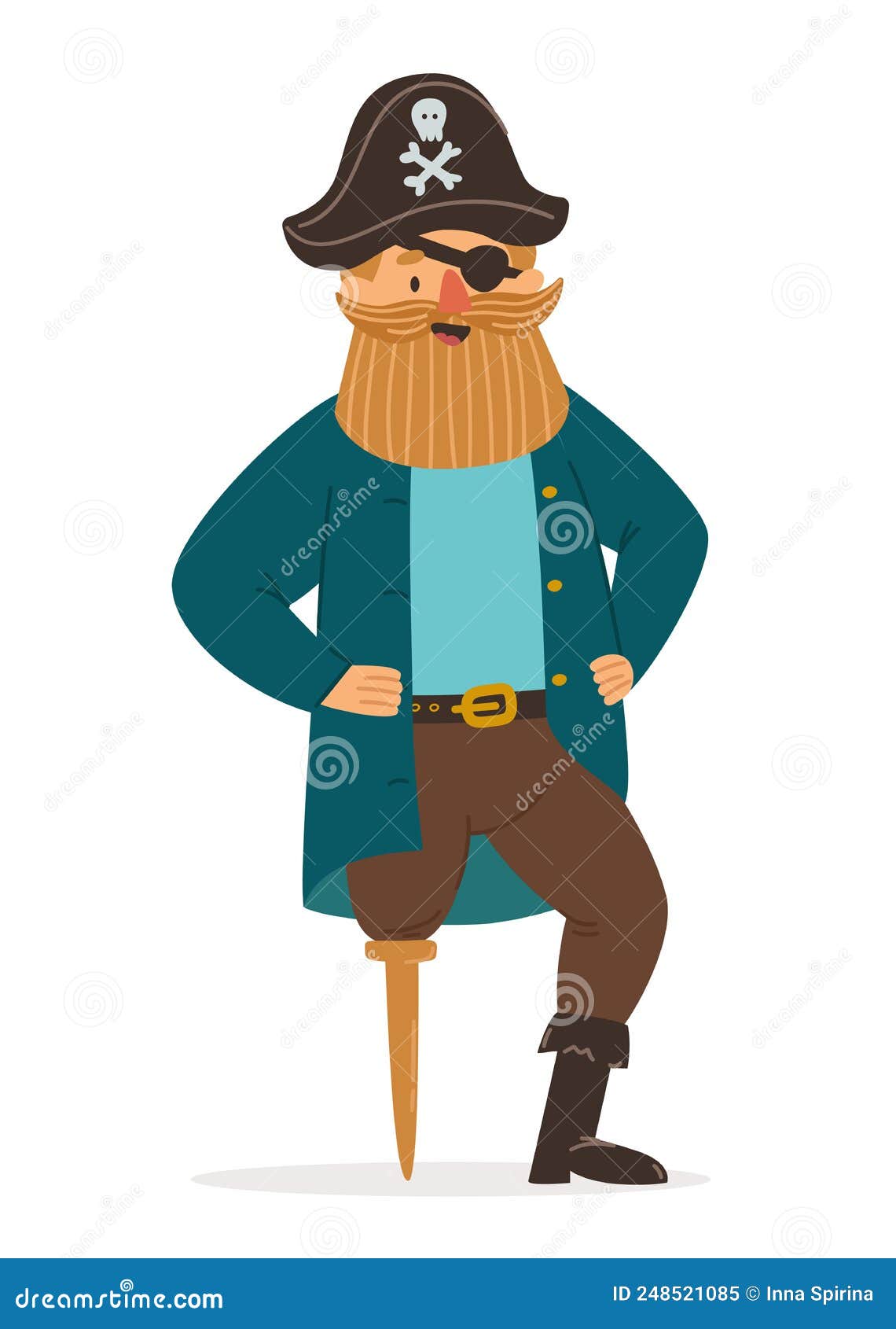 Capitão De Pirata Com Barba Grande E Chapéu Com Crânio E Bósforos. Pirata  Com Uma Perna E Um Olho. Caráter Vetorial Ilustração do Vetor - Ilustração  de ouro, desenho: 248521085