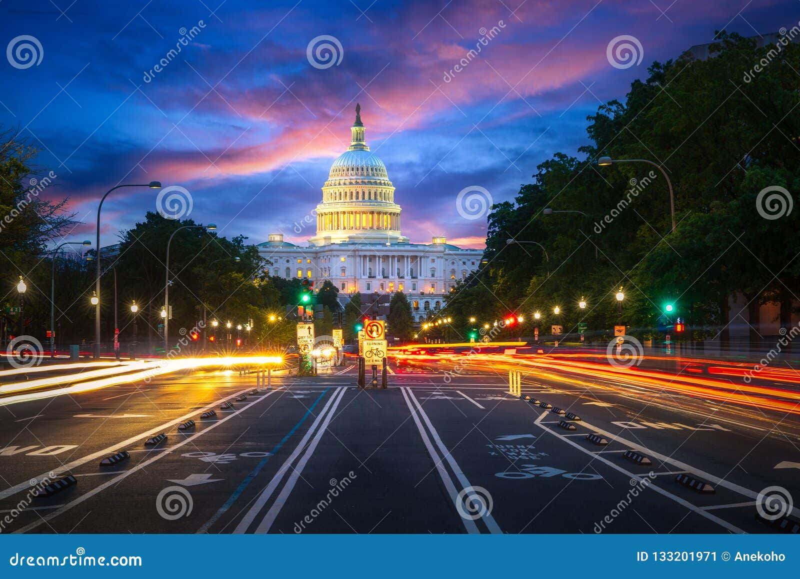 capital building in washington dc city at night wiht street and