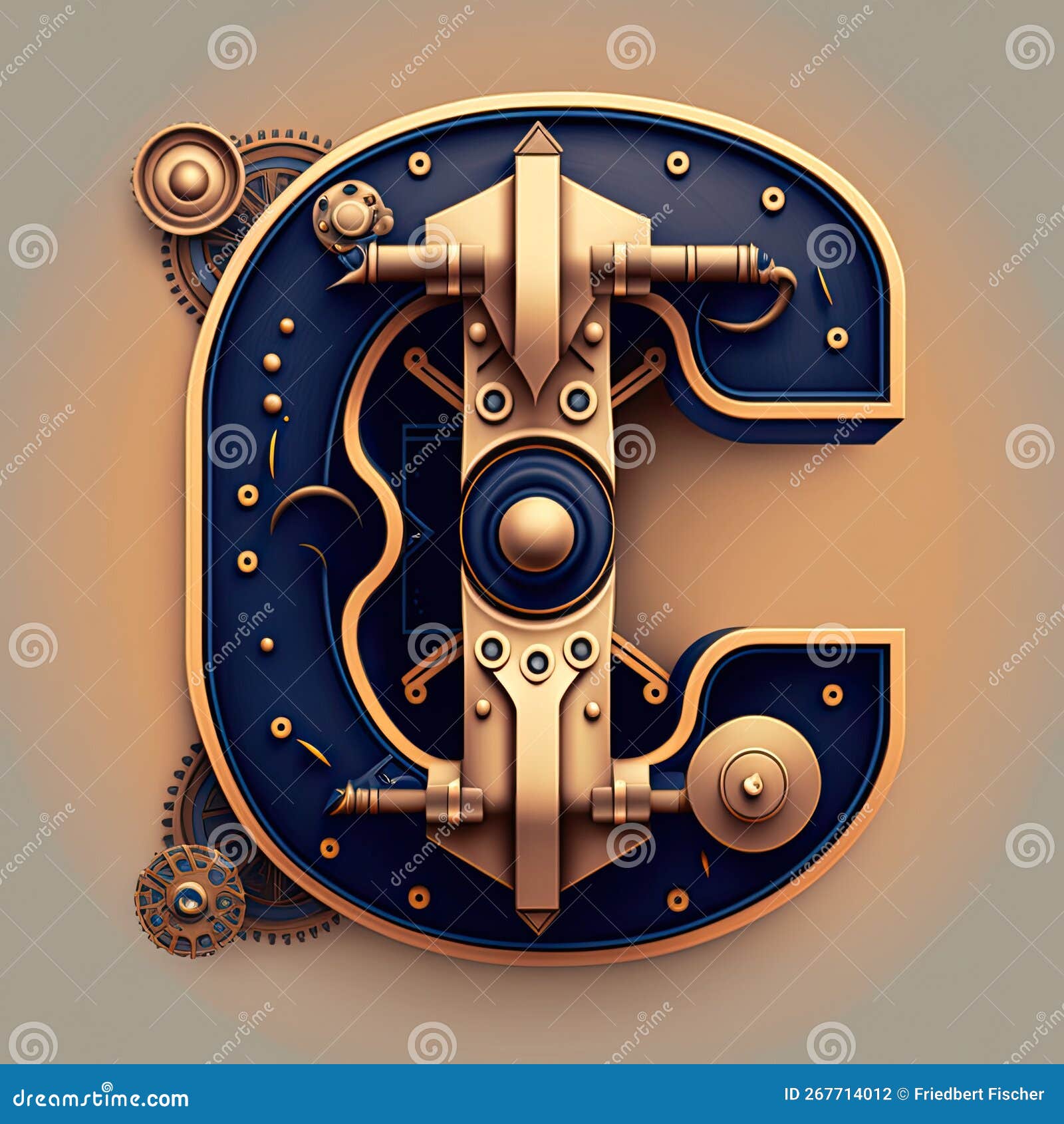 Capital Letter C, Steampunk Alphabet in Bronze Metal and Navy Blue, AI ...