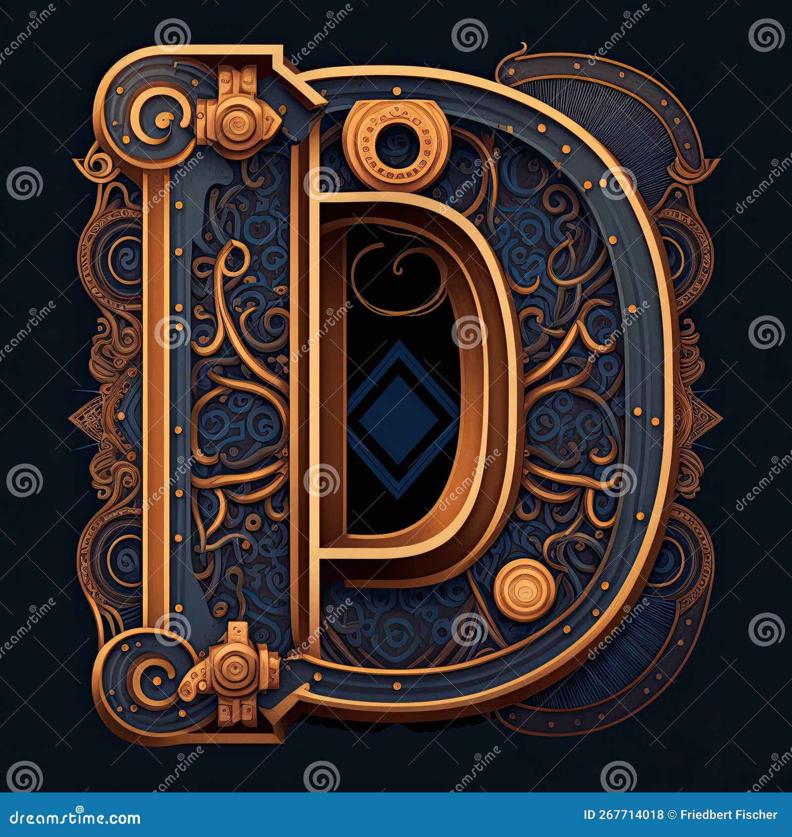 Capital Letter D, Steampunk Alphabet in Bronze Metal and Navy Blue, AI ...