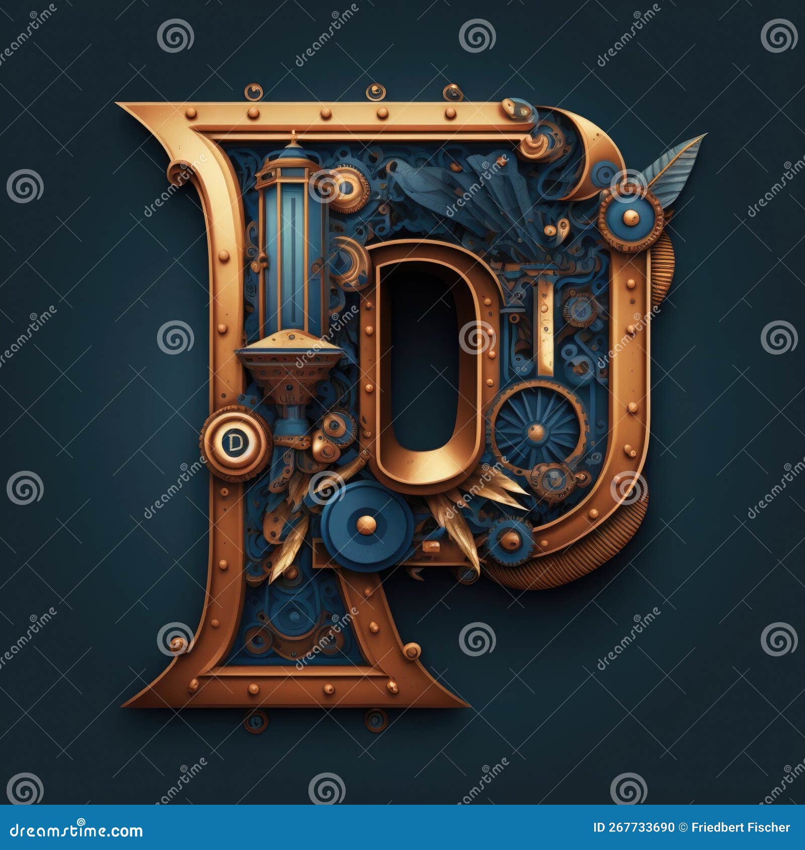 Capital Letter P, Steampunk Alphabet in Bronze Metal and Navy Blue, AI ...