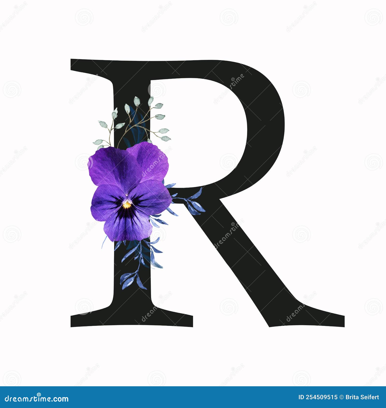 Capital Letter R Decorated with Pansy Flower and Blue Green Leaves