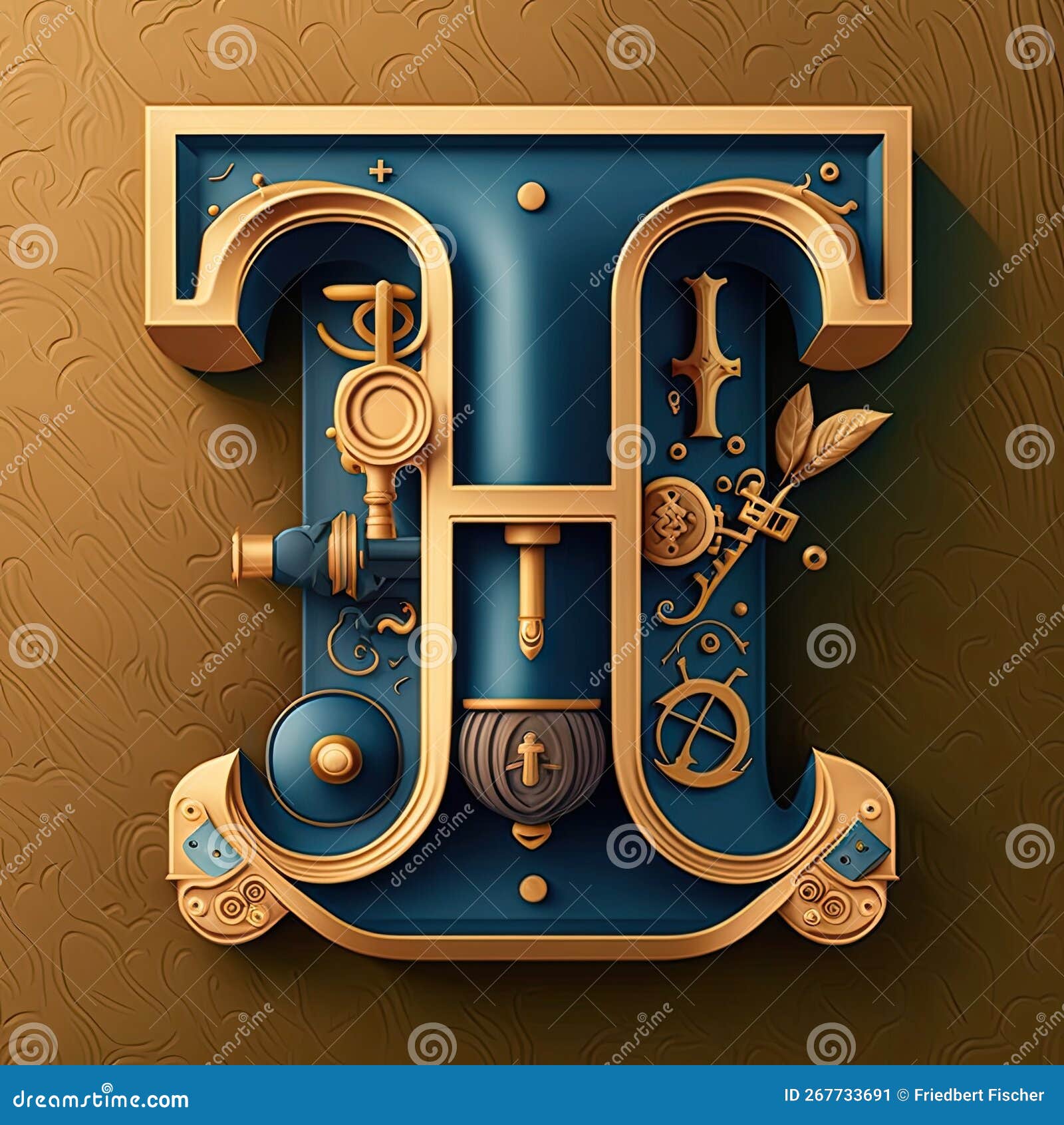 Capital Letter T, Steampunk Alphabet in Bronze Metal and Navy Blue, AI ...