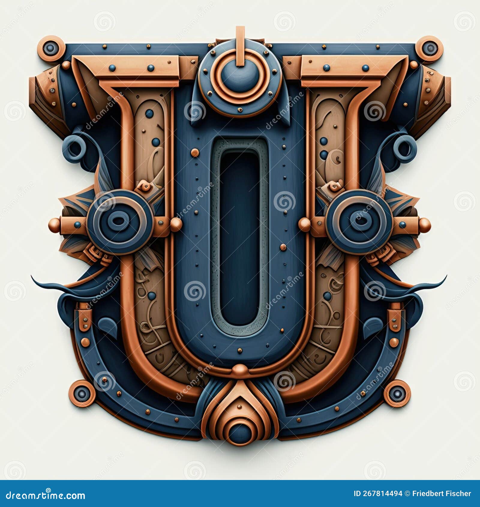 Capital Letter U, Steampunk Alphabet in Bronze Metal and Navy Blue, AI ...