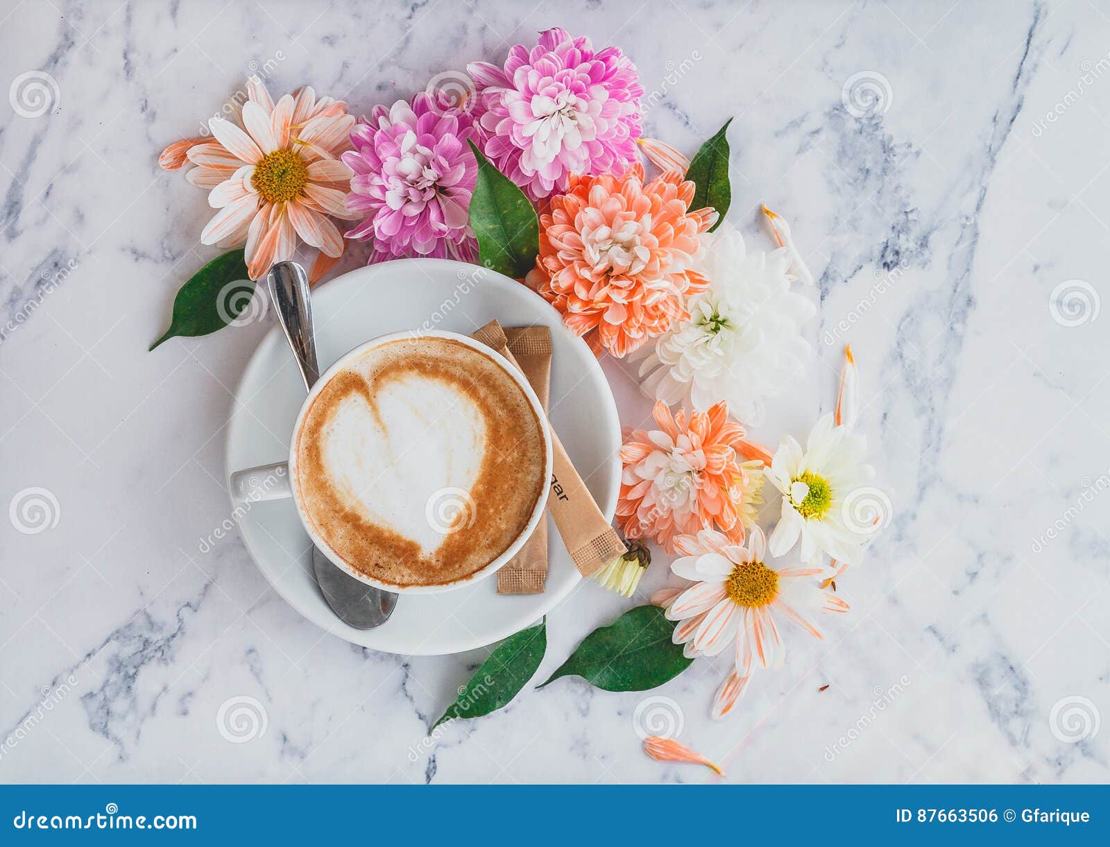 Cappuccino with flowers stock photo. Image of petals 87663506