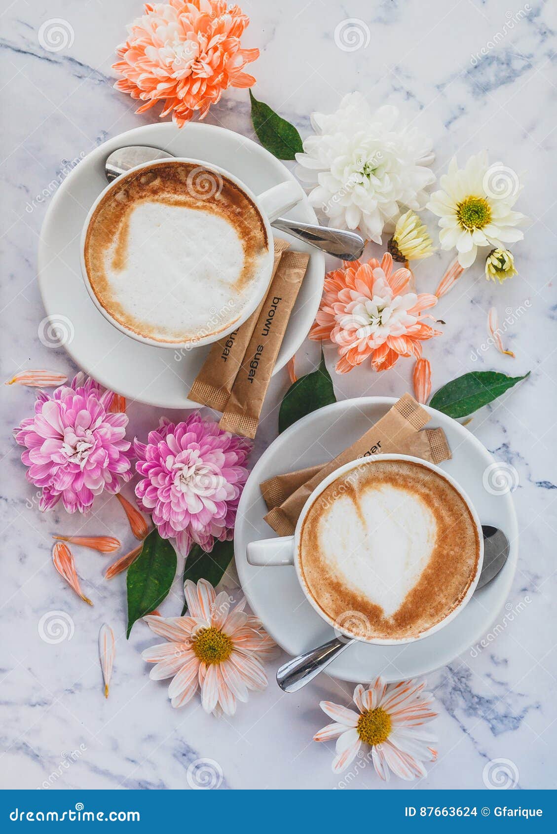 Cappuccino with flowers stock photo. Image of marble 87663624