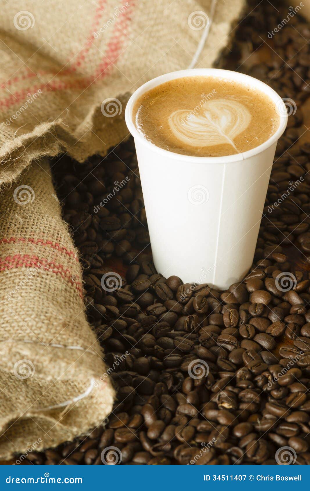 Cappuccino To Go Paper Cup Burlap Bag Roasted Coffee Beans