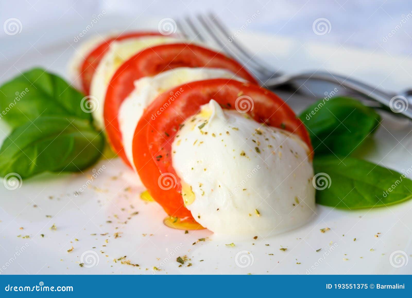 caprese salad made with fresh soft white italian cheese mozzarella buffalo, green basil, red tomatoes and origano herb