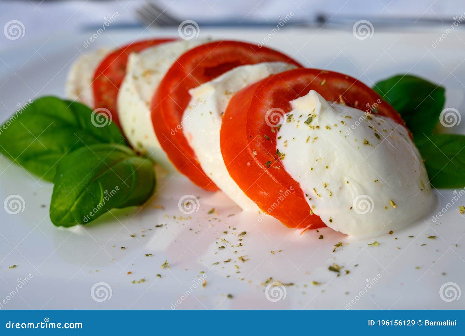 caprese salad made with fresh soft white italian cheese mozzarella buffalo, green basil, red tomatoes and origano herb