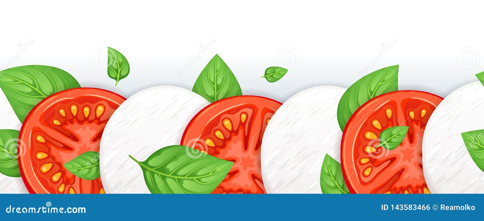 Caprese Salad Vector - Mozzarella, Tomato and Basil Leaves. Stock