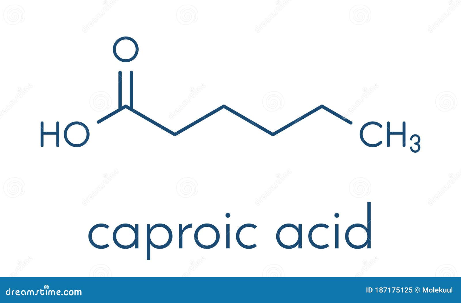 caproic acid hexanoic acid fatty acid molecule. salts and esters are called hexanoates or caproates. skeletal formula.