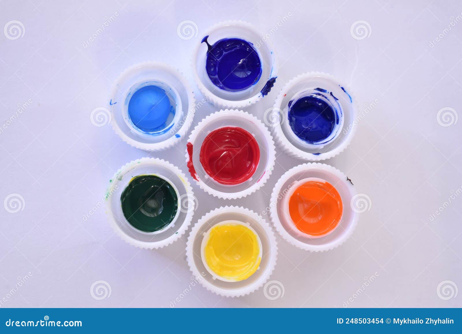 Caps from Tubes of Acrylic Paint. Stock Photo Image of hobby, brush