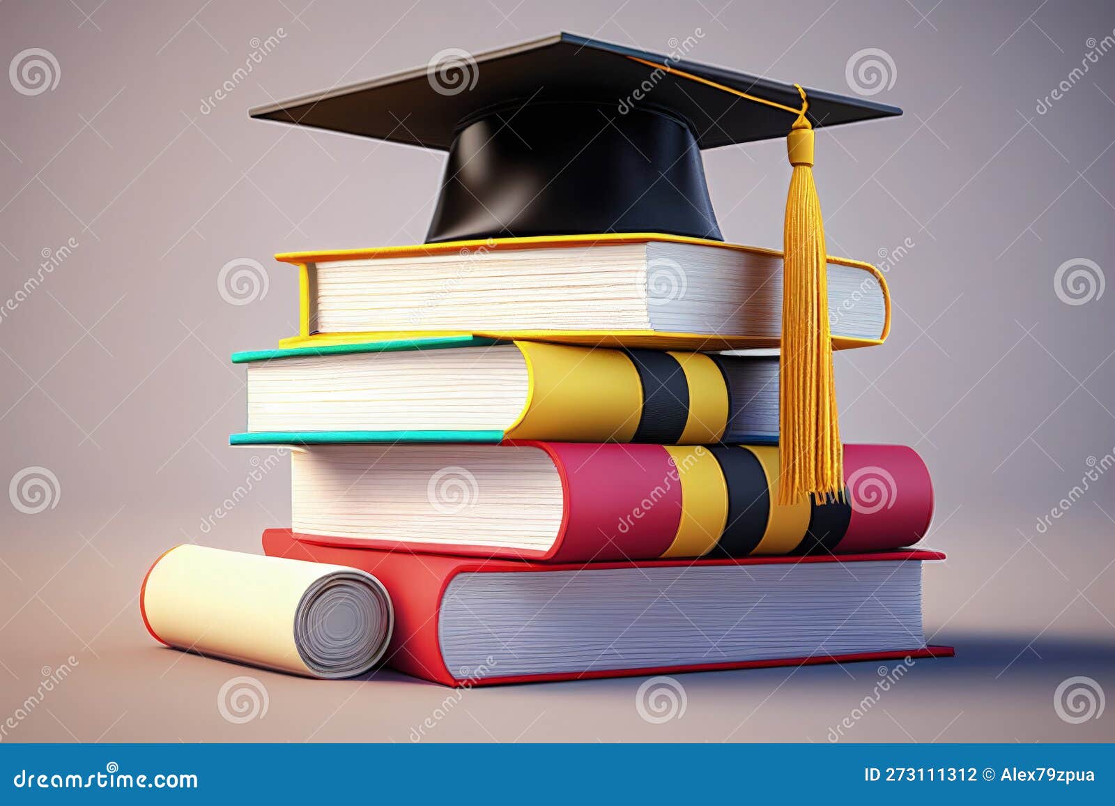 The Capstone of Learning Graduation Cap and Books Generative AI Stock Illustration