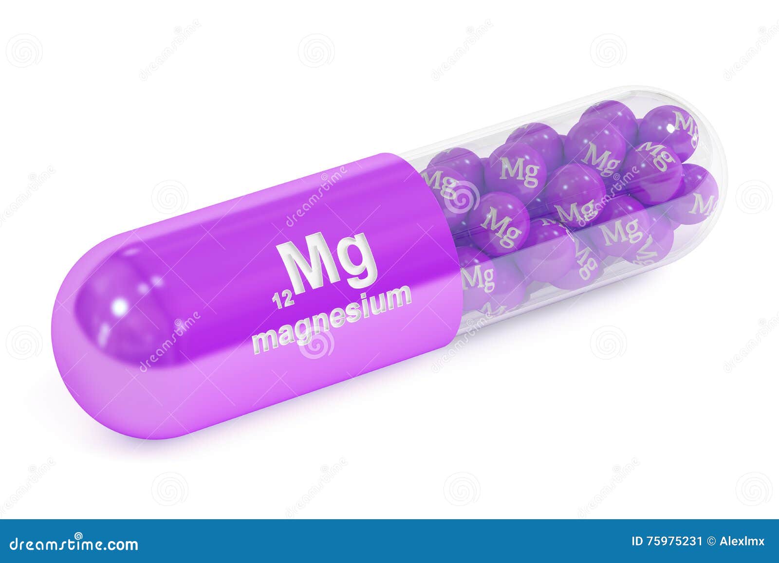Capsule with Magnesium Mg Element Dietary Supplement, 3D Renderi Stock