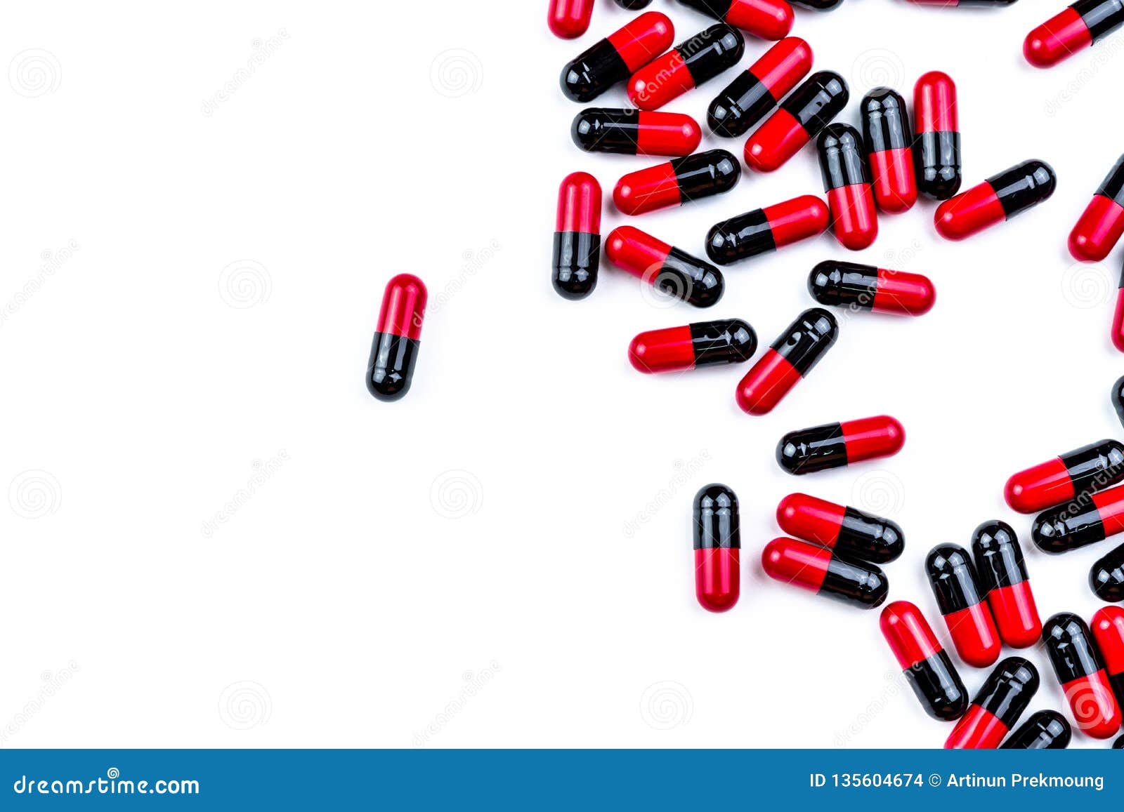 capsule pills spread on white background. antibiotic drug use with reasonable. pharmaceutical industry. pharmacy background.