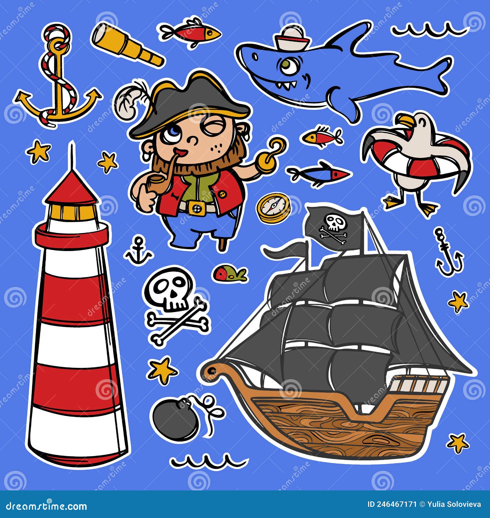 CAPTAIN HOOK and LIGHTHOUSE Pirate Sticker Vector Collection Stock