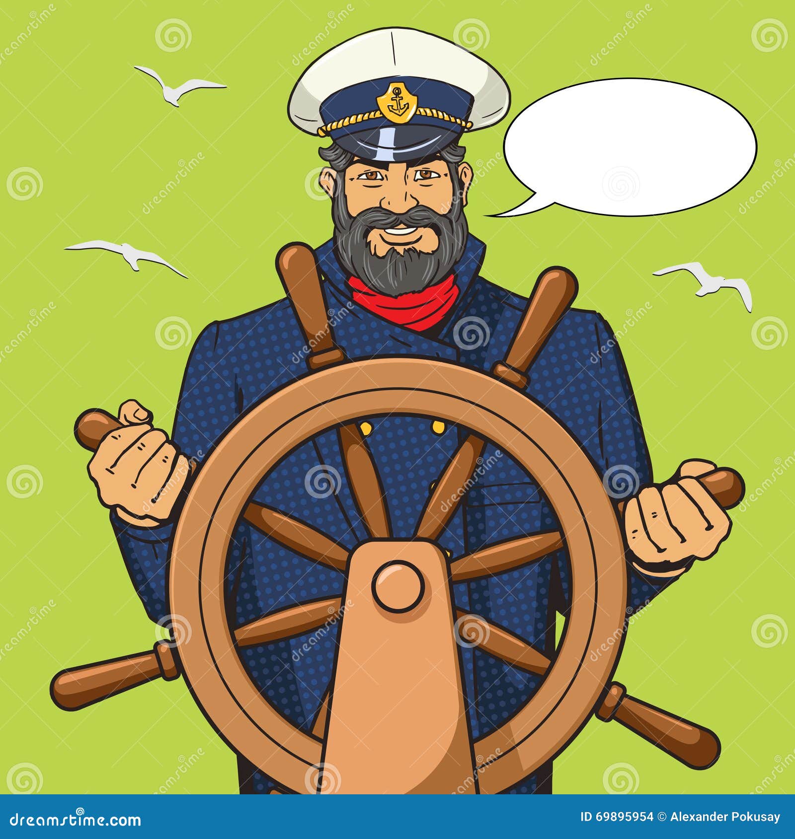 captain and ship steering wheel pop art 